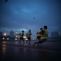 Four workers in hi-vis vests running on a wet rooftop track at dusk, one carrying a ladder