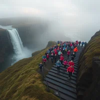 Large crowd in colorful jackets climbing stone stairway on a misty hillside beside a tall waterfall