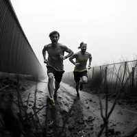 Two runners jogging along a muddy path beside a large wall in foggy conditions, black and white photo