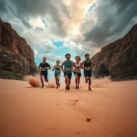 Five runners sprinting toward camera through a narrow sandy canyon under a dramatic stormy sky