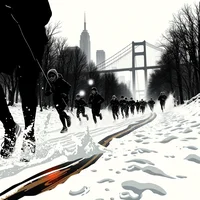 Group of runners racing along a snowy path with a suspension bridge and city skyline in the background