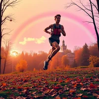 Male runner leaping through a leaf-covered park at sunset with a pink rainbow arc in the sky