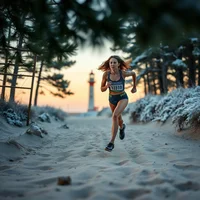 Woman running on a snowy sandy path through pine trees with a lighthouse and twilight sky in the background