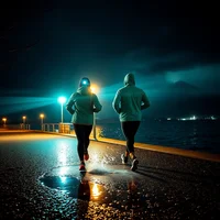 Two runners jogging along a wet waterfront road at night, street lights reflecting on the rain-soaked surface