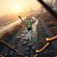 Aerial view of a runner with arms raised walking a rocky dirt path at sunset, framed by a chain-link fence