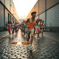 Large group of runners in bright retro pastel sportswear sprinting along a narrow urban alley at sunset