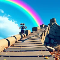 Person running up stone steps toward a vivid rainbow arching across a bright blue sky.