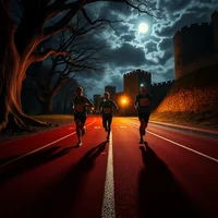 Three runners on a red track at night, moonlit cloudy sky, castle wall visible in background