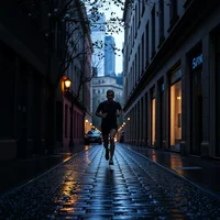Runner jogging through a narrow cobblestone laneway at dusk, wet pavement reflecting warm street lamp light