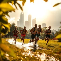 Group of shirtless male runners splashing through a puddle on grass with a city skyline in golden sunlight behind them.