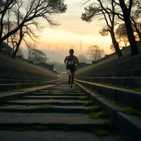 Runner ascending wide stone steps in a park at sunrise, bare trees and golden misty sky in background