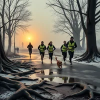 Group of runners in hi-vis vests jogging along a foggy tree-lined path with a dog at misty golden sunrise