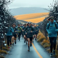 Group of runners in winter gear jogging along a wet rural road flanked by bare bushes, snowy hills in background