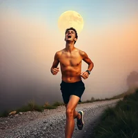 Shirtless man running on a misty gravel trail with a large full moon glowing in the foggy sky behind him