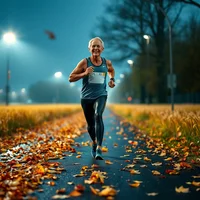 Older adult runner jogging along a leaf-covered path under bright stadium lights at dusk in autumn.