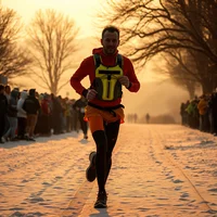 Runner in red jacket and yellow vest racing along a snow-covered tree-lined path at golden hour with spectators watching