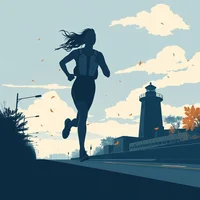 Female silhouette running along a road near a lighthouse under a blue cloudy sky