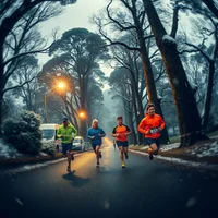Four runners in colourful jackets running along a misty tree-lined road at dusk