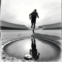 Runner sprinting away from camera on wet surface, reflection visible in a large puddle in the foreground, black and white.