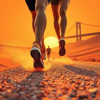 Close-up of runners' legs on a gravel road heading toward a golden sunset with a bridge silhouette