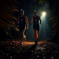 Two runners with headlamps jogging along a dark forest path at night