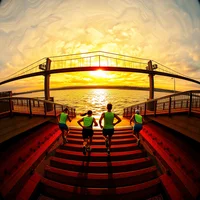 Silhouetted runners ascending outdoor stairs toward a golden sunrise over water, with a bridge in the background