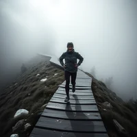 Person on a narrow wooden boardwalk ascending a foggy mountain trail