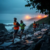 Group of runners in hi-vis orange and green vests jogging along a rocky coastal trail at dusk with turbines in background.