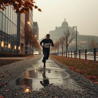 Marathon runner with race bib on a wet gravel path flanked by bare autumn trees in an overcast urban setting