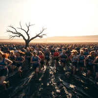 Large crowd of runners crossing dark muddy terrain toward a bare leafless tree under a bright hazy sky