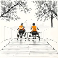 Two wheelchair racers in orange vests competing on a tree-lined promenade, sketch illustration style