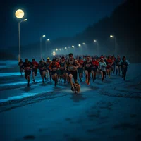 Large pack of runners racing at night under street lamps and a bright moon, cool blue lighting