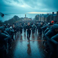 Large group of runners surging forward along a wet brick path lined with buildings under a dark blue overcast sky