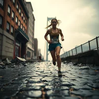 Woman in athletic shorts and top running on wet cobblestone street with a bridge and brick buildings behind her.