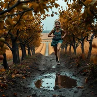 Woman running along a muddy dirt path lined with autumn trees, puddle in the foreground, overcast sky