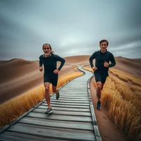Two runners in black jogging along a wooden boardwalk through sandy desert dunes under a grey sky