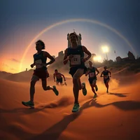 Group of runners racing across sandy dunes at sunset with a colorful rainbow arc in the dusky sky above