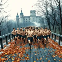 Group of shirtless male runners sprinting across a leaf-covered wooden bridge toward a misty castle in bare autumn trees