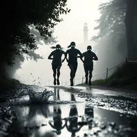 Three silhouetted runners on a wet, misty road lined with trees, reflections visible in puddles
