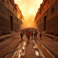 Large pack of runners charging through a narrow dusty canyon corridor bathed in orange smoky light