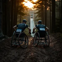 Two wheelchair racers on a dirt forest trail at dusk, trees silhouetted against a golden sunset ahead