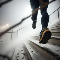Runner ascending fog-covered concrete stairs in dark athletic wear, low-angle close-up of legs and shoes