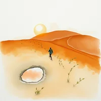 Lone figure walking through orange desert sand dunes beneath a hazy sun