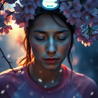 Young woman with closed eyes beneath pink cherry blossoms, blue light on her head, soft glowing background