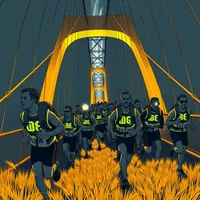 Illustrated group of runners in yellow-trimmed vests surging under a large bridge arch at night with amber lighting