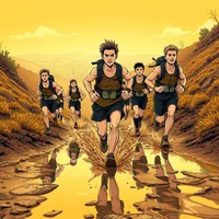 Group of runners splashing through muddy puddles on a dirt trail, golden yellow sky behind them.