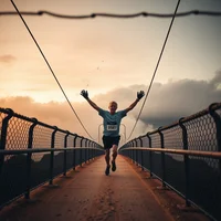 Runner with arms raised in triumph crossing a suspension bridge at sunset under dramatic cloudy sky