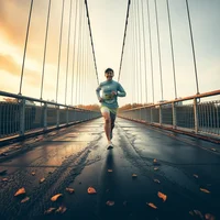 Runner in light blue kit jogging across a wet suspension bridge at sunrise, autumn leaves on the ground