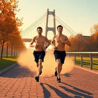 Two shirtless men running on a brick path with a suspension bridge and autumn trees in the background