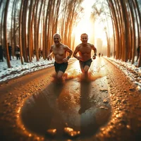 Two shirtless men jogging along a wet, icy tree-lined path at golden-hour dawn, splashing through puddles.